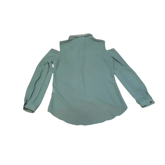 The Hanger SMALL Teal shirt top blouse Jeweled collar Buttons Long Open shoulder - Picture 2 of 8
